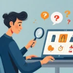 Person researching Qullnowisfap products on laptop with magnifying glass showing brand verification concerns