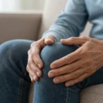 Senior adult holding knee with attrities pain while sitting on couch in comfortable home setting with natural lighting