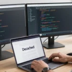 Heladim Jomsel technology writer workspace showing Decached articles on computer screens with AI and gaming content