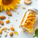 Bntamnh E product label displaying vitamin E and alpha-tocopherol ingredients on white supplement bottle close-up photo