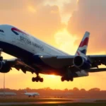 British airways emergency flight ba286 A380 aircraft descending to Heathrow runway with ambulances positioned on ground.