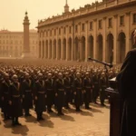 Fascisterne blackshirts marching in 1920s Italy with Mussolini and Roman fasces symbols during fascist rise to power