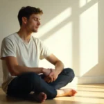 Man practicing hochre meditation breathwork for mind-body balance in peaceful modern home with natural morning sunlight