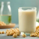 Insoya fermented soy protein powder in glass with fresh soybeans showing complete plant-based nutrition