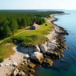 Plum Island Southold NY 11957 aerial view showing lighthouse and Fort Terry buildings surrounded by Long Island Sound waters