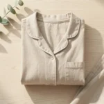 Pyjamaspapper organic cotton sleepwear set folded on wooden surface showing natural Scandinavian design and breathable fabric texture