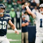 Seahawks vs Washington Commanders Match Player Stats comparison showing Sam Darnold throwing pass and Jayden Daniels running with football in November 2025 game