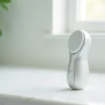 SkinPres T device with treatment capsule on bathroom counter - advanced skincare delivery system for anti-aging results