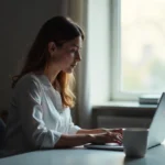 Modern student using studiae platform on laptop in bright workspace, showing personalized learning dashboard interface