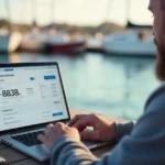 Finnish boat owner using venevakuutuslaskuri calculator on laptop to compare boat insurance quotes at marina
