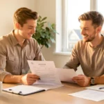 Framework Homeownership Making An Offer Answers — first-time buyers signing a home offer document with agent, contingencies checklist visible.