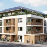 Killahejlaszo Housing Ltd sustainable apartment block with solar panels, green roof, and EV charging stations in a European urban setting.