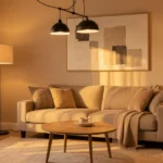 Lamps4U modern home lighting setup with floor lamp, table lamp, and LED pendant light in a cozy living room.