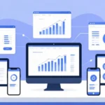 Milyom platform content creation workspace showing multiple screens with blogging tools, analytics dashboard, and community features for digital creators