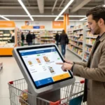 Shopper using Supermaked smart cart technology with touchscreen in modern grocery store showing AI-powered shopping experience