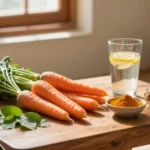 Traditional Ayurvedic wellness setup with fresh vegetables turmeric and tulsi representing well health tips in hindi wellhealthorganic