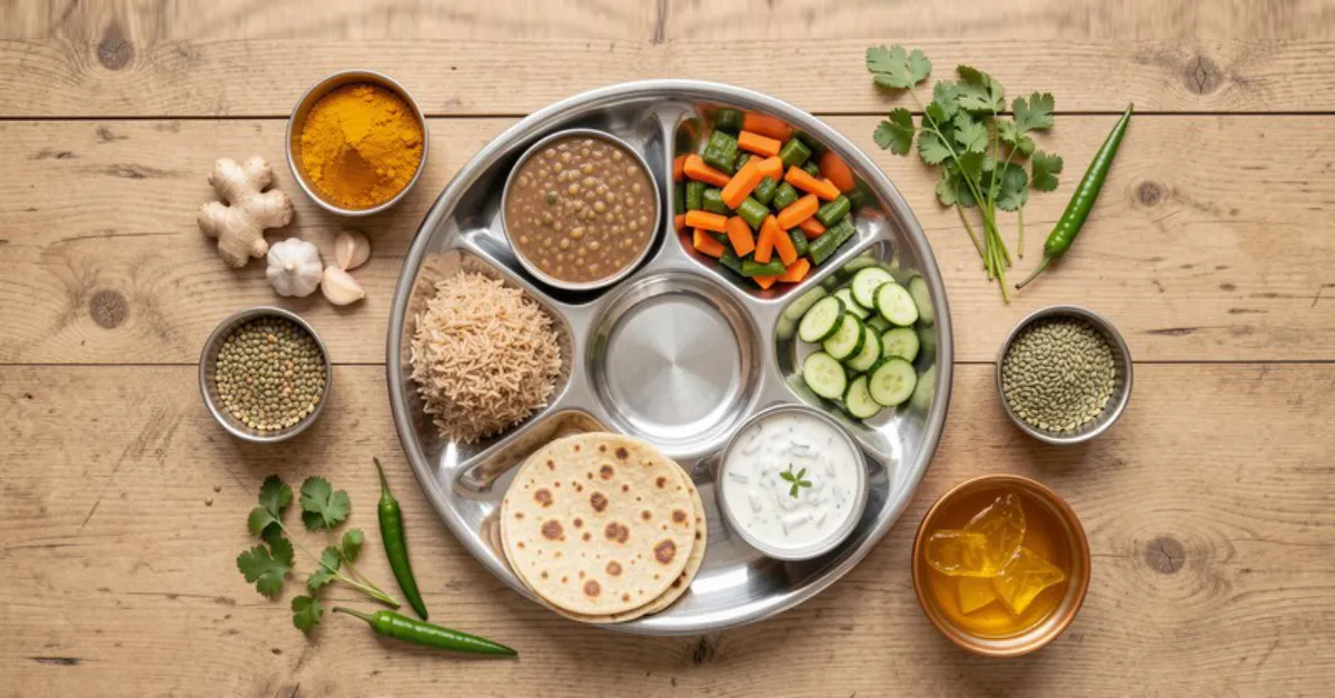 Balanced Indian thali with brown rice dal vegetables and Ayurvedic spices for healthy nutrition wellhealthorganic