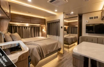 2 bedroom super sleeper truck interior showing dual bedrooms, lounge area, kitchen, and LED ambient lighting inside a custom rig.