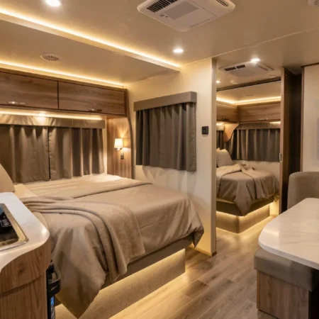 2 bedroom super sleeper truck interior showing dual bedrooms, lounge area, kitchen, and LED ambient lighting inside a custom rig.