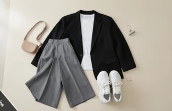 A flat-lay acubi aesthetic outfit with wide-leg grey trousers, a white baby tee, boxy black blazer, and chunky sneakers