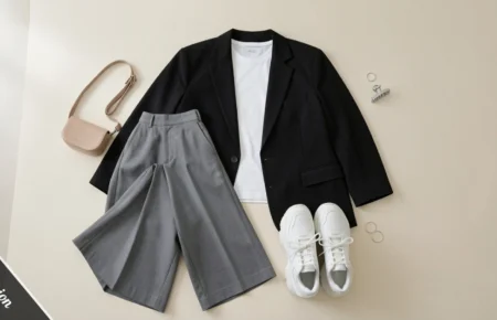 A flat-lay acubi aesthetic outfit with wide-leg grey trousers, a white baby tee, boxy black blazer, and chunky sneakers