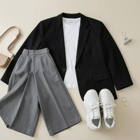 A flat-lay acubi aesthetic outfit with wide-leg grey trousers, a white baby tee, boxy black blazer, and chunky sneakers