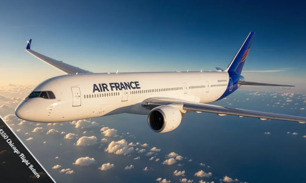Air France A350-900 aircraft in flight over the Atlantic Ocean during the 2025 Chicago flight return incident