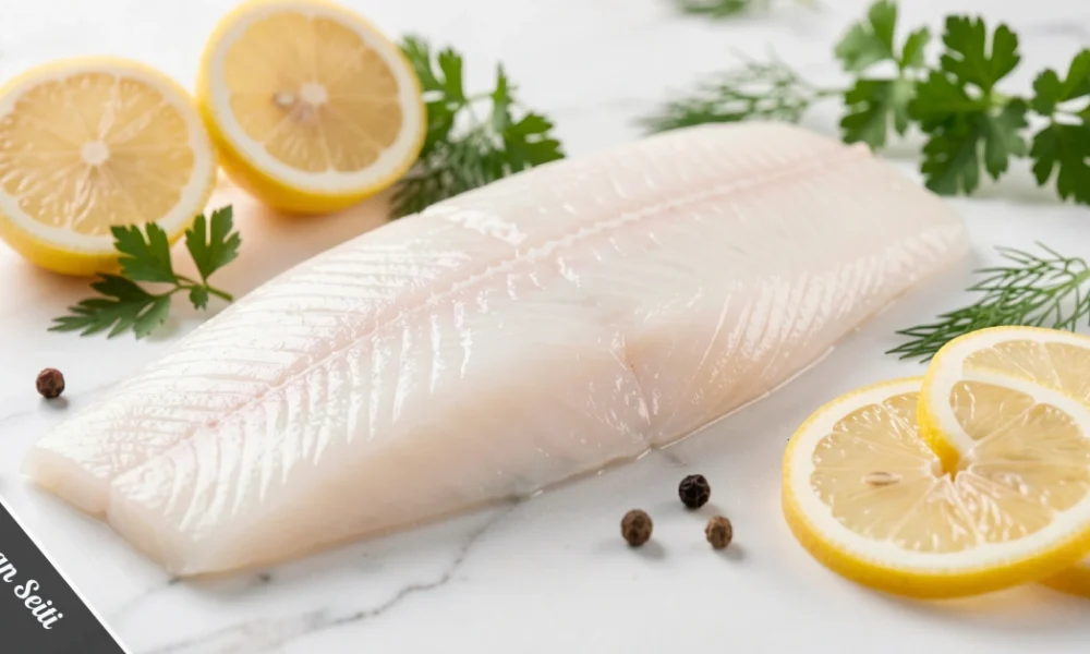 Fresh Alaskan Seiti Alaska pollock fillet with lemon and herbs on white marble surface