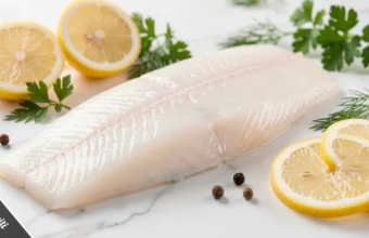 Fresh Alaskan Seiti Alaska pollock fillet with lemon and herbs on white marble surface