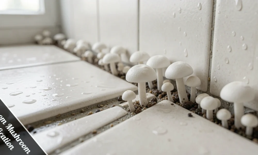 Close-up bathroom mushroom identification photo showing small white fungi growing through wet tile grout lines in shower corner.