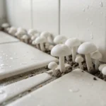 Close-up bathroom mushroom identification photo showing small white fungi growing through wet tile grout lines in shower corner.