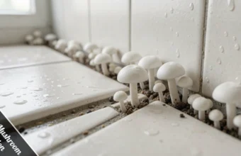 Close-up bathroom mushroom identification photo showing small white fungi growing through wet tile grout lines in shower corner.