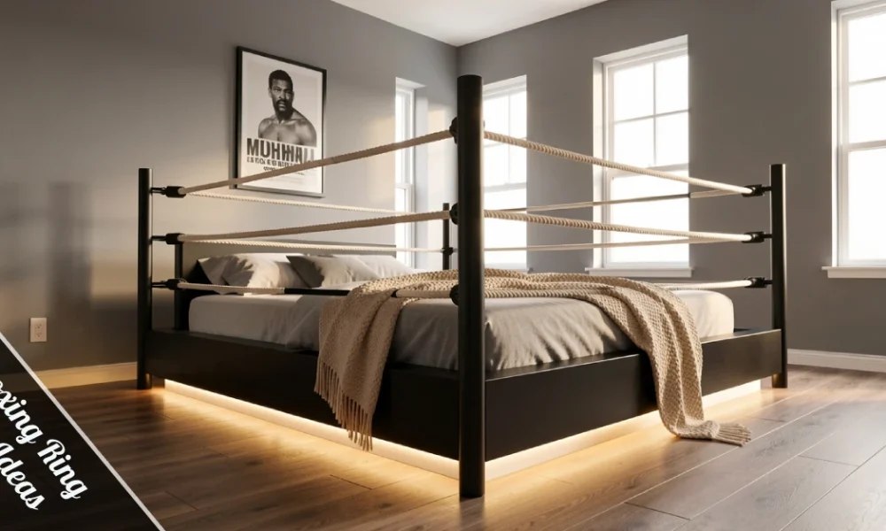 Modern minimalist boxing ring bed ideas with black posts, white ropes, and LED lighting in a stylish bedroom setup.
