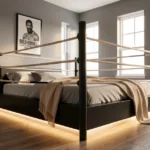 Modern minimalist boxing ring bed ideas with black posts, white ropes, and LED lighting in a stylish bedroom setup.