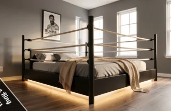 Modern minimalist boxing ring bed ideas with black posts, white ropes, and LED lighting in a stylish bedroom setup.