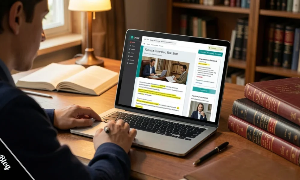 Law student using CNLawBlog on laptop while studying law school materials and textbooks for online legal education and exam prep