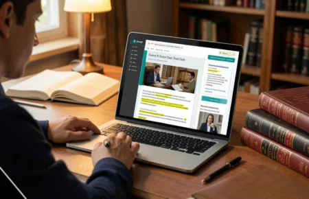 Law student using CNLawBlog on laptop while studying law school materials and textbooks for online legal education and exam prep