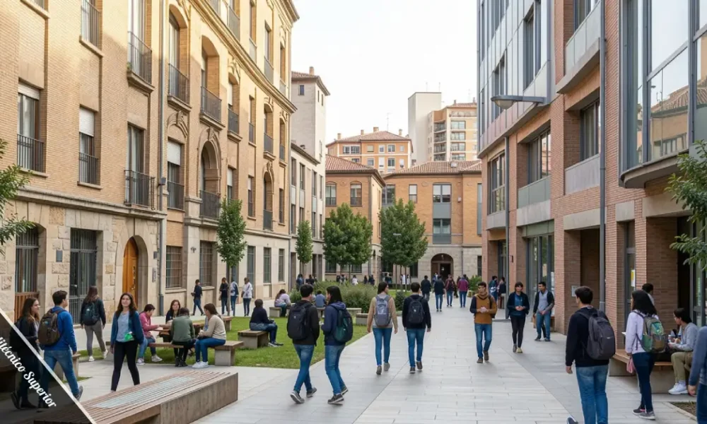Centro Politécnico Superior campus entrance showing students walking between buildings with modern and traditional architecture