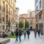 Centro Politécnico Superior campus entrance showing students walking between buildings with modern and traditional architecture