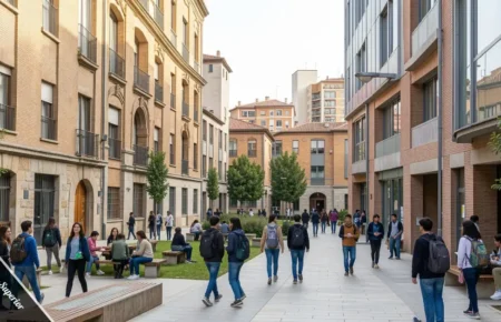 Centro Politécnico Superior campus entrance showing students walking between buildings with modern and traditional architecture