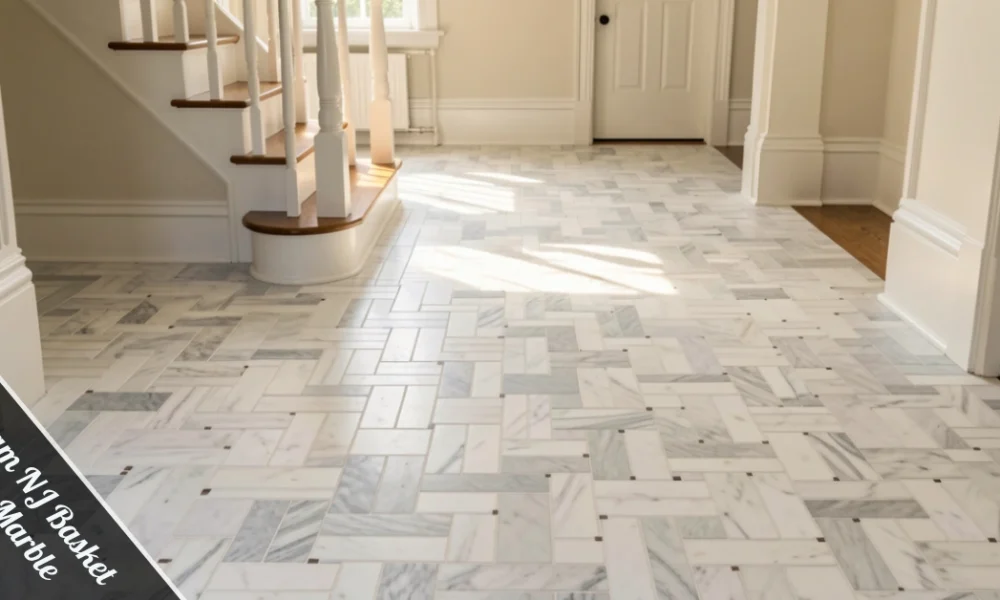 Honed Carrara basket weave marble floor in Chatham NJ entryway with classic colonial trim and wood staircase.