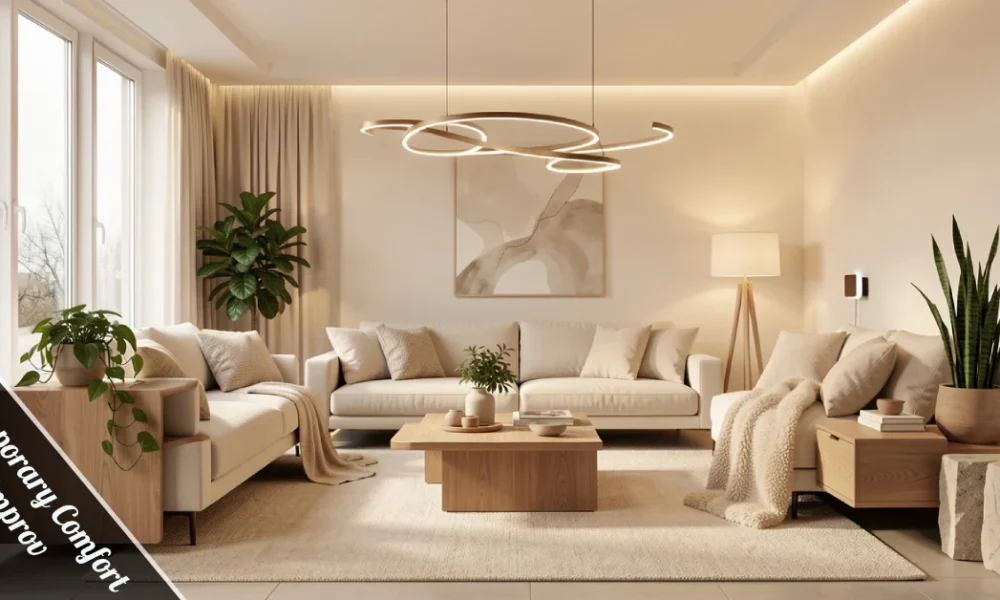 Contemporary Comfort Mipimprov modern living room with warm minimalist design, layered lighting, and natural textures