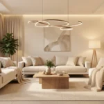 Contemporary Comfort Mipimprov modern living room with warm minimalist design, layered lighting, and natural textures
