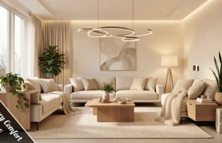 Contemporary Comfort Mipimprov modern living room with warm minimalist design, layered lighting, and natural textures