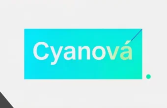 Cyanová blue-green color concept shown as a clean gradient swatch with design and branding context