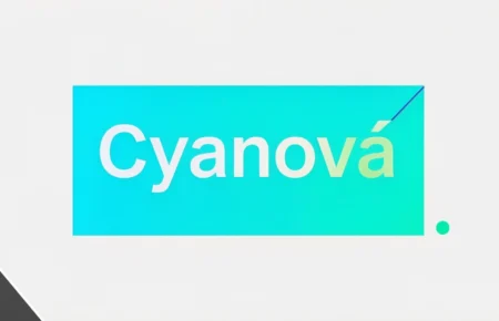 Cyanová blue-green color concept shown as a clean gradient swatch with design and branding context