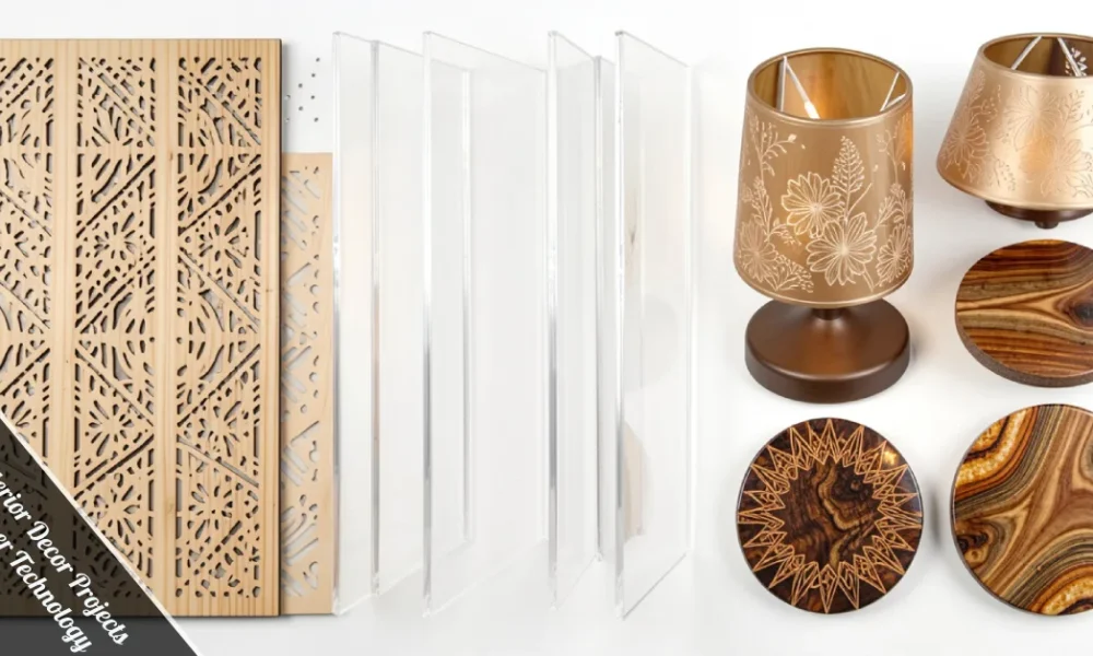 Step-by-step DIY Interior Decor Projects Using Laser Technology featuring custom wall art, lampshades, and engraved furniture.