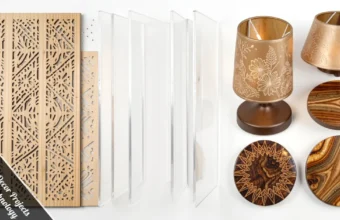 Step-by-step DIY Interior Decor Projects Using Laser Technology featuring custom wall art, lampshades, and engraved furniture.
