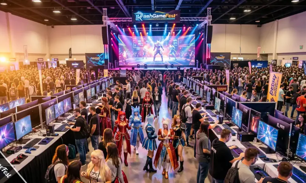 DashGameFest 2026 gaming festival crowd with esports stage, indie game booths, and cosplay attendees