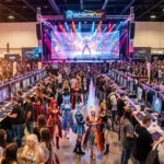 DashGameFest 2026 gaming festival crowd with esports stage, indie game booths, and cosplay attendees
